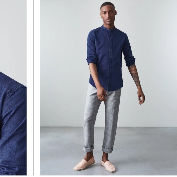 Reiss Caffrey Textured Grandad Collar Shirt Denim Navy Blue M - Picture 2 of 13